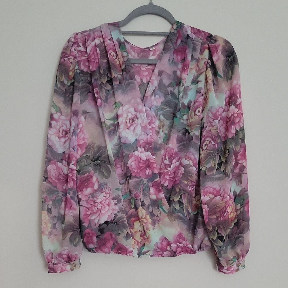 Pink and Gray Pleated Blouse with Relaxed Sleeves